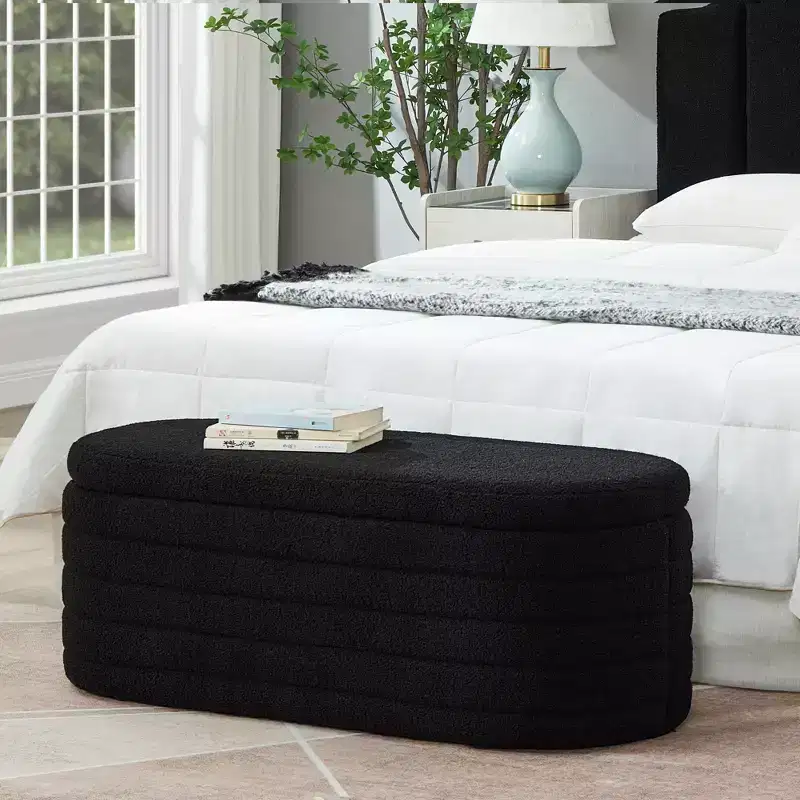 Modern 43 in.W Oval Storage Ottoman End of Bed Stool Bench Upholstered with Safety Hinge-