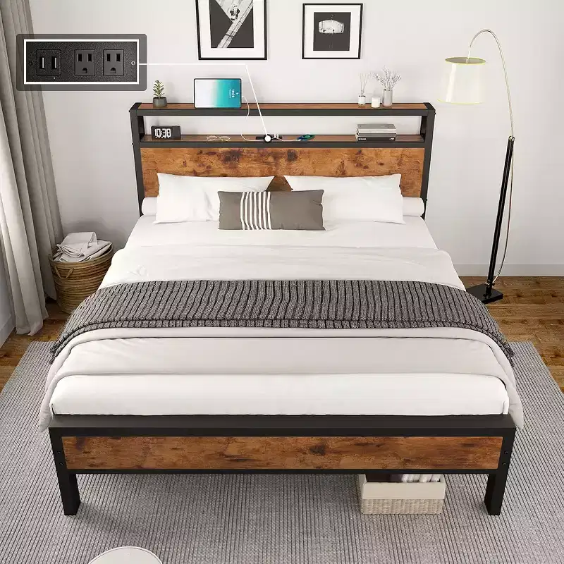 Platform Bed Frame with Charging Station Storage Headboard, Noise-Free