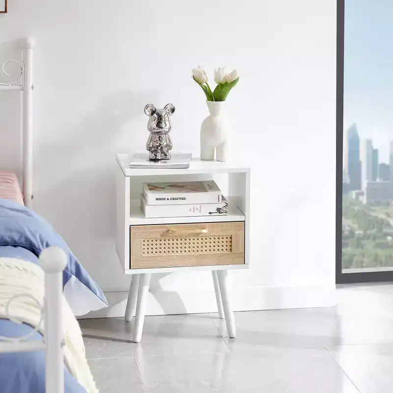 Rattan End Table with Drawer and Solid Wood Legs, Side Table for Living Room, Bedroom, White