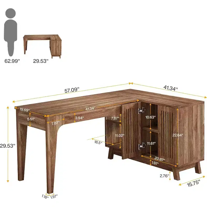 L-Shaped Desk with Storage Cabinet, 57-Inch Wood Corner Workstation, Home Office Computer Desk, Walnut