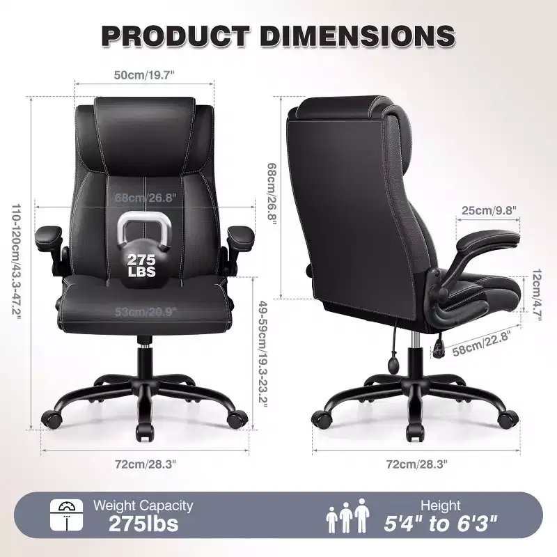 Black / Brown / Light Gray High-Back Leather Office Chair – Flip-Up Arms, 1-Person