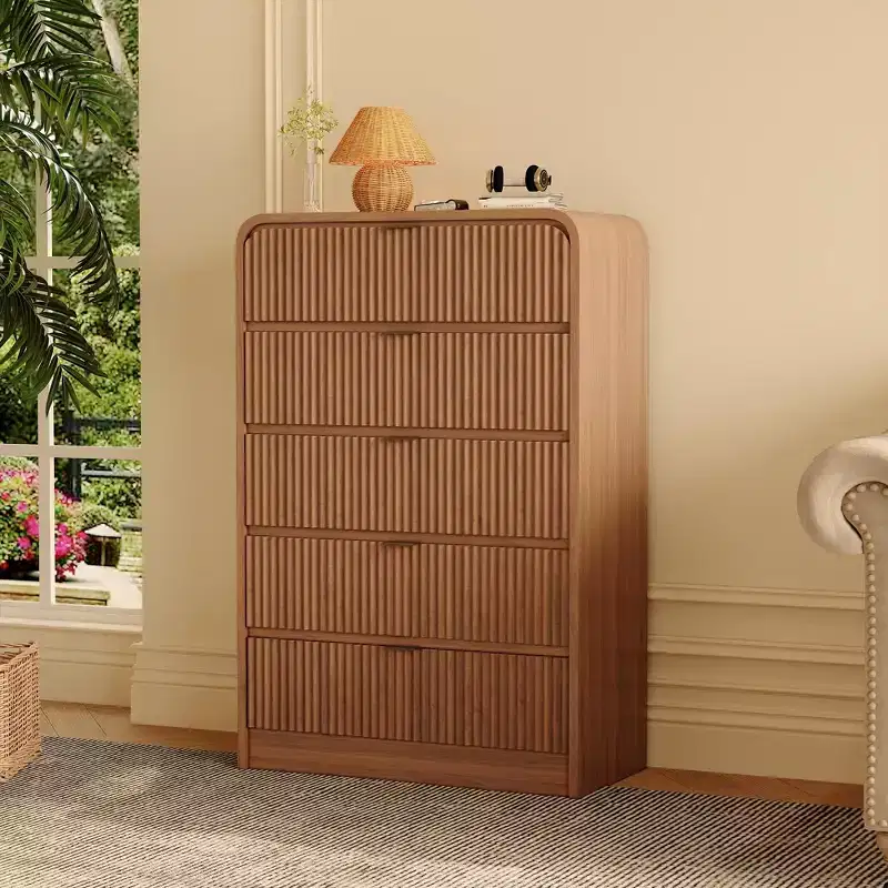Fluted 5-Drawer Tall Dresser, Modern Bedroom Chest with Rounded Edges, Wood Finish Storage Furniture for Bedroom, Living Room & Hallway
