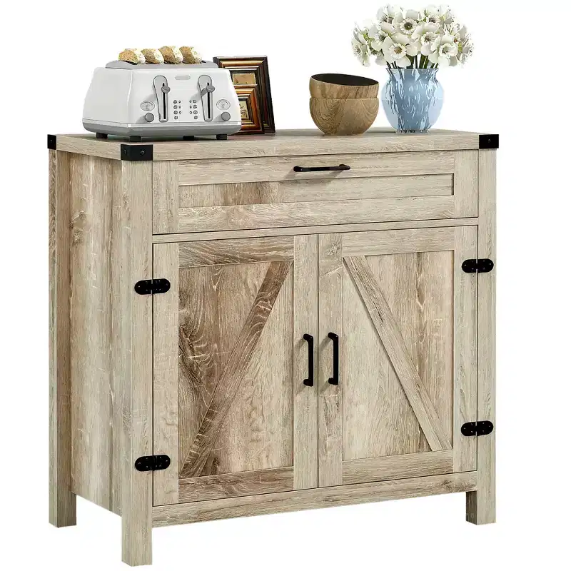 Sideboard Buffet Cabinet with Storage Drawer, Modern Farmhouse Kitchen Cabinet with 2 Barn Doors, Coffee Bar Cabinet, Oak