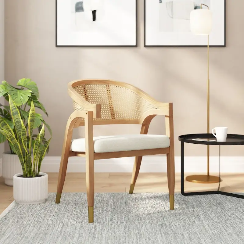 Cane Rattan Woven Back Dining Chair with Upholstered Seat