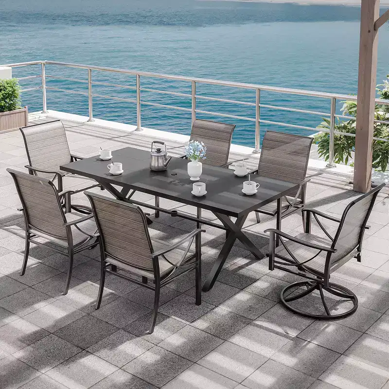ALAULM Patio Outdoor Dining Set w/Rectangle Steel X-table w/umbrella Hole&Fixed Arm or Swivel Rocking Chairs for Family Party, Lawn,Balcony,Terrace