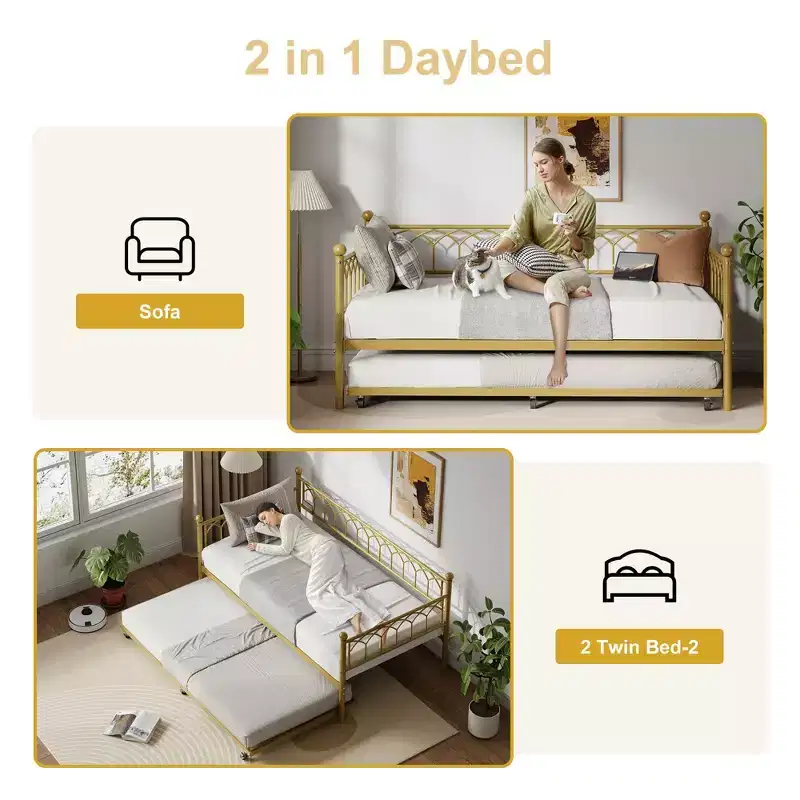 Daybed with Trundle, Charging Station & LED Lights, Sofa Beds Frame with Pull Out Bed for Living Room, Guest Room, Apartment, Small Spaces