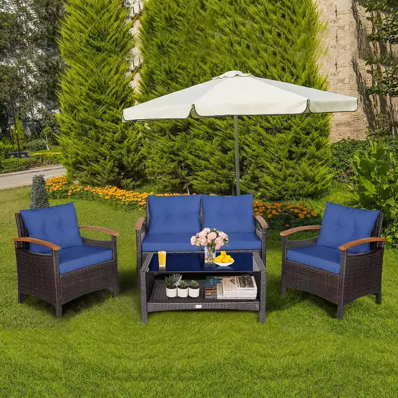 Costway 4PCS Patio Rattan Furniture Set Cushioned Sofa Storage Table Off