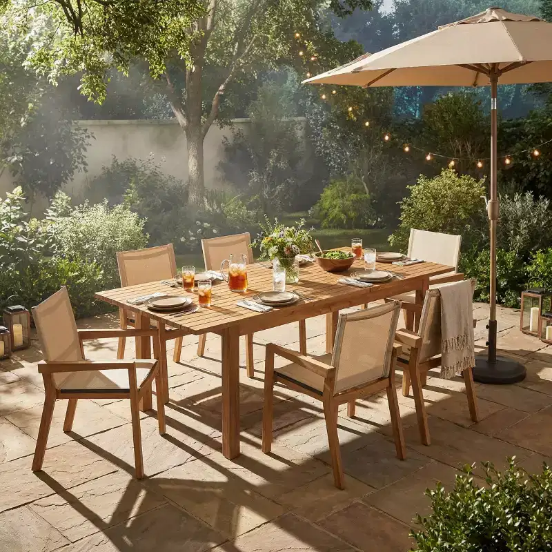 7-Piece Wood Outdoor Extendable Dining Table Set, 6 Mesh Seats Chairs with Wood Frame, Modern Patio Furniture Set for Backyard-Panipeachy