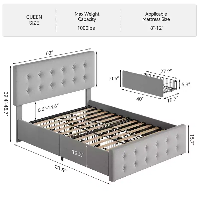 Bed Frame with 4 Storage Drawers and Adjustable Headboard, Faux Leather Upholstered Platform, Button Tufted, Strong Wooden Slats, No Box Spring Needed