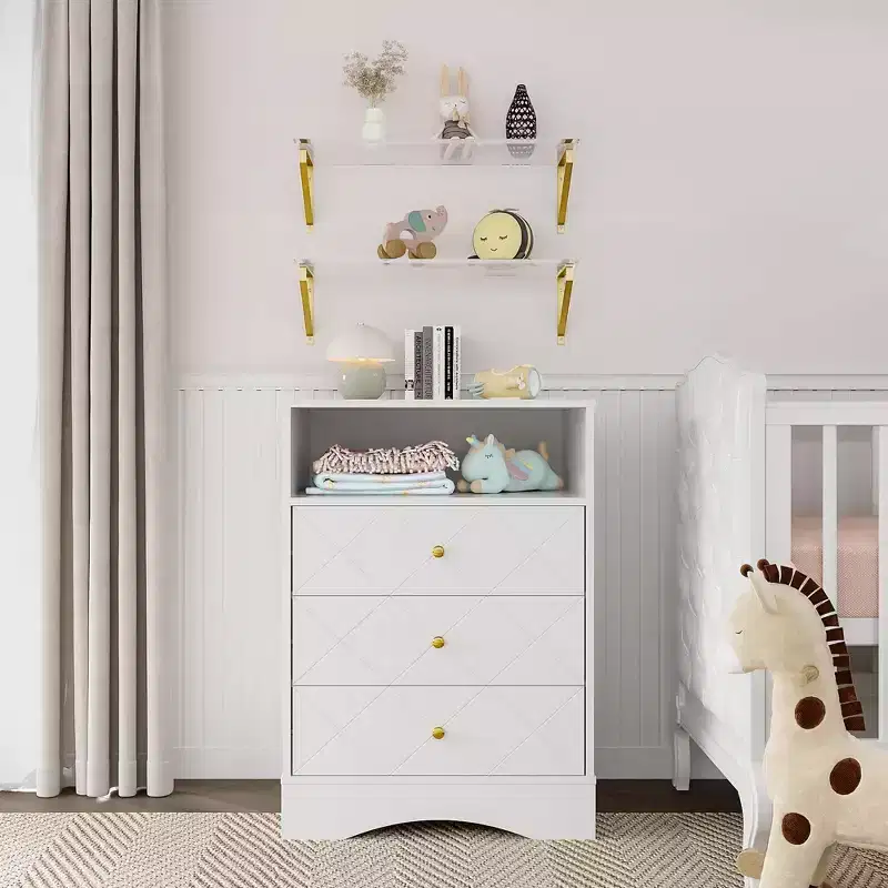Dresser with Drawers & Floating Shelves, 3 Drawer Dresser with Open Storage & Painted Finish, for Bedroom, Closet, Hallway