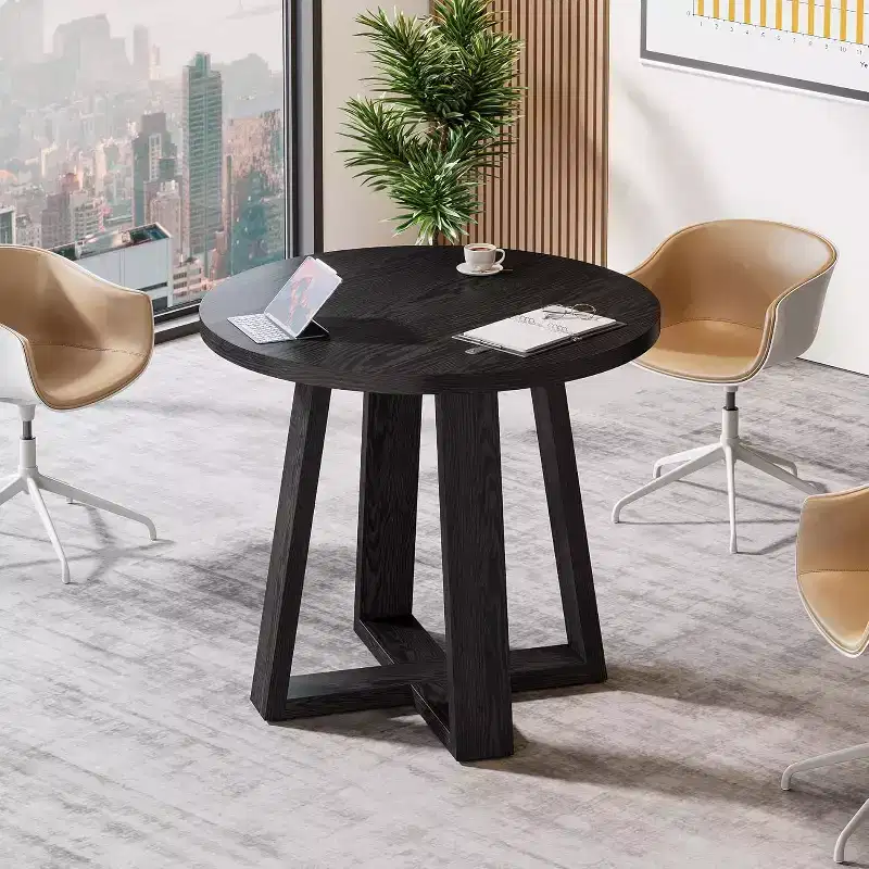 31.5-Inch Round Conference Table for 2-4 People, Small Wooden Office Meeting Desk with Sturdy Base for Small Spaces, Farmhouse Rustic