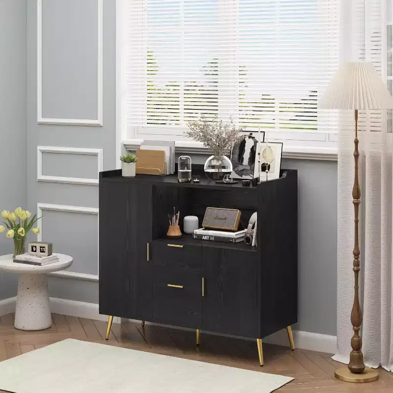 Storage Cabinet, Buffet Cabinet with Shelf, Coffee Bar with 2 Drawers and 2 Doors and Open Storage