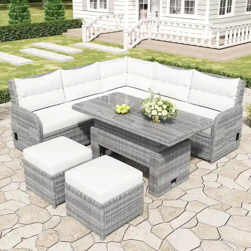 Outdoor Furniture Set Patio Rattan Furniture Set with an Adjustable Table, Recliners with Extendable Side Tables