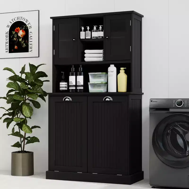 32.68 in. W. x 14.57 in. D x 59.69 in. H Black Freestanding Tilt-Out Linen Cabinet with Adjustable Shelves