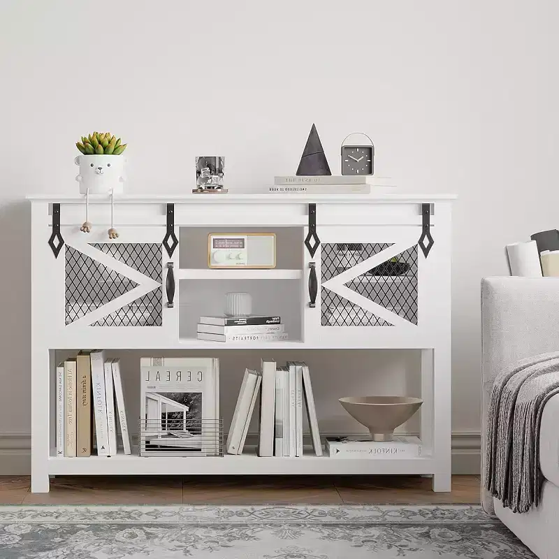 COZONY Farmhouse Entryway Table with Sliding Barn Doors, Industrial Console Table with Storage