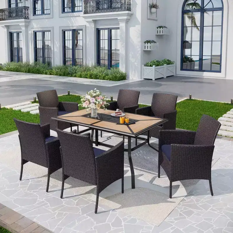 7pc Patio Dining Set with Rectangular Steel Table & Rattan Closed Side Chairs Blue/Brown - Captiva Designs