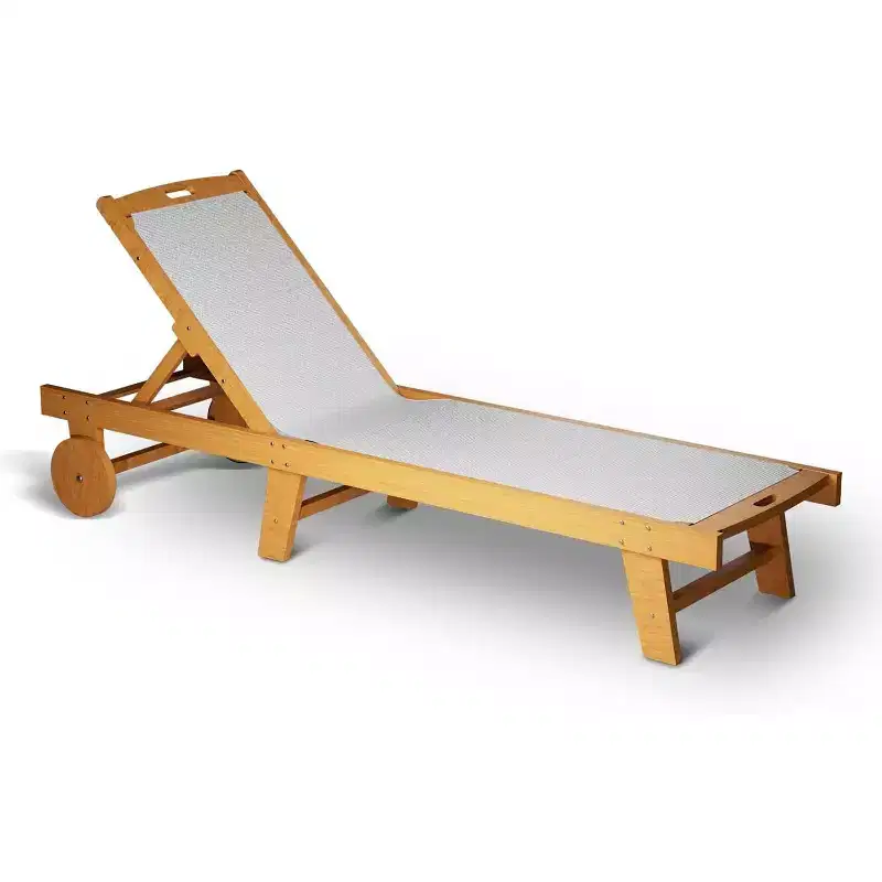 Adjustable Patio Chaise Lounge Chair with Wheels, Acacia Wood Outdoor Recliner with Teslin Mesh Cushion, 3-Position Adjustable Backrest, White