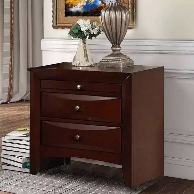 Wooden Nightstand with Three Drawers and Metal Knobs, Brown