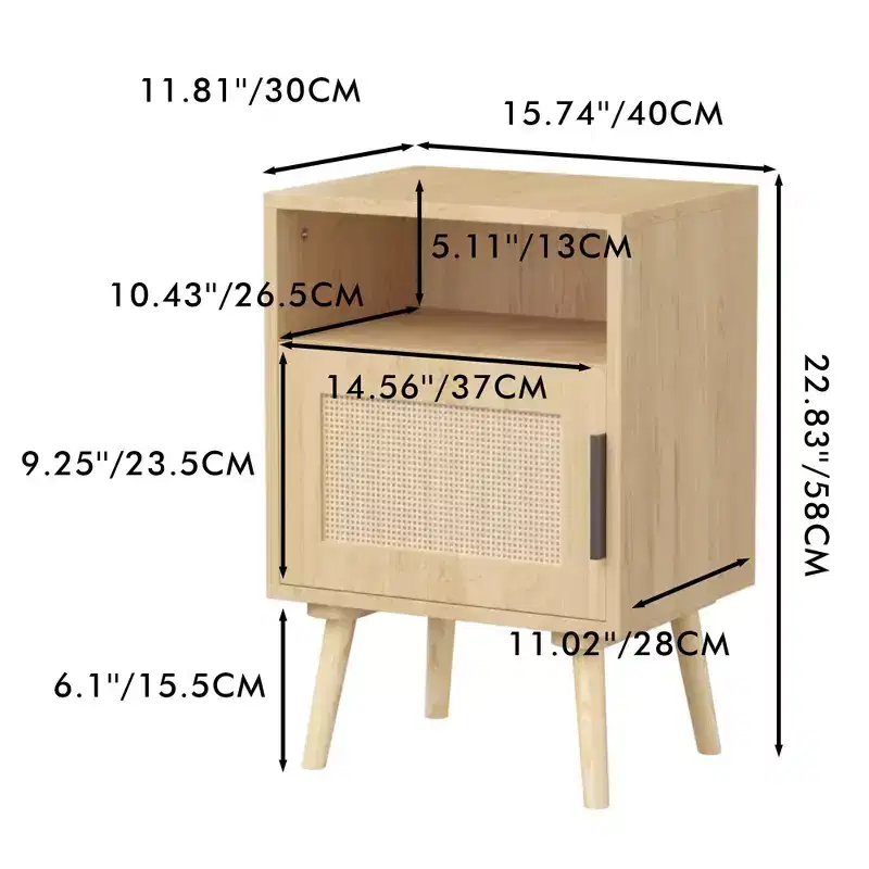FurnitureR Natural Wood Look MDF Nightstand with Cane Door, Bedside Table with Open Shelf and Storage Cabinet, Tapered Legs for Bedroom