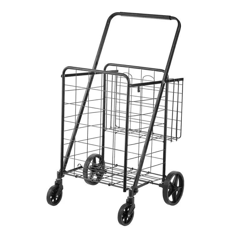 Folding Shopping Cart with Double Baskets Heavy Duty Steel Frame 110 lbs Capacity Swivel Wheels