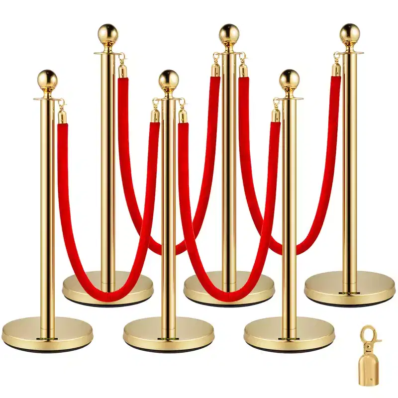 VEVOR 6-Piece Silver Crowd Management Set, Stainless Posts with Red Retractable Rope, 38In Height, Suitable for Indoor & Outdoor,Gold