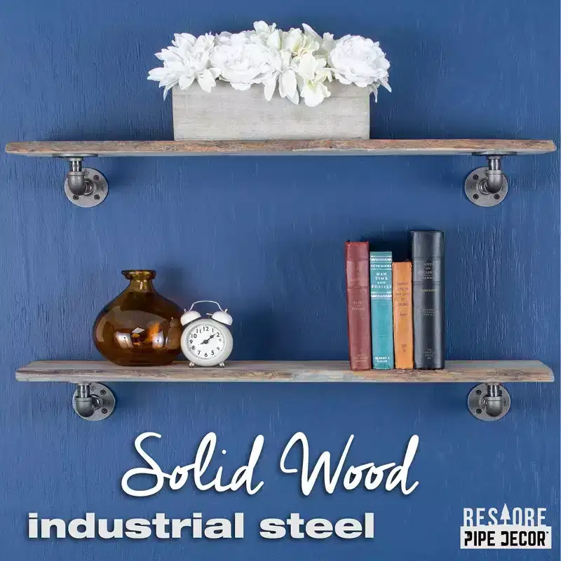 36 Riverstone Grey Live Edge Wood Shelf with L-Shaped Pipe Brackets (2-Pack)