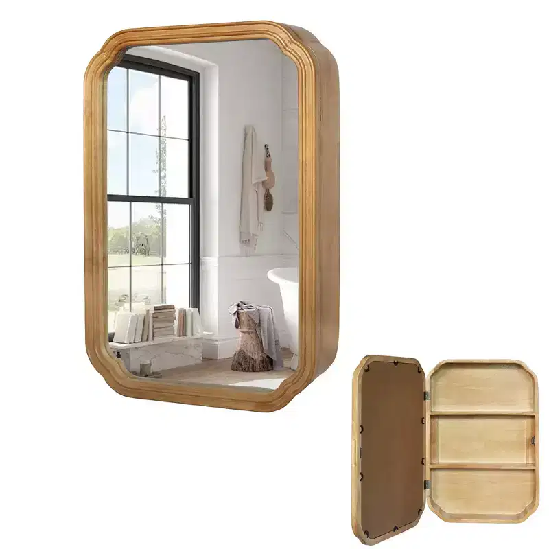 Wall-Mounted Bathroom Mirror with Cabinet and Adjustable Shelves, Space-Saving Modern Design, Antique Natural