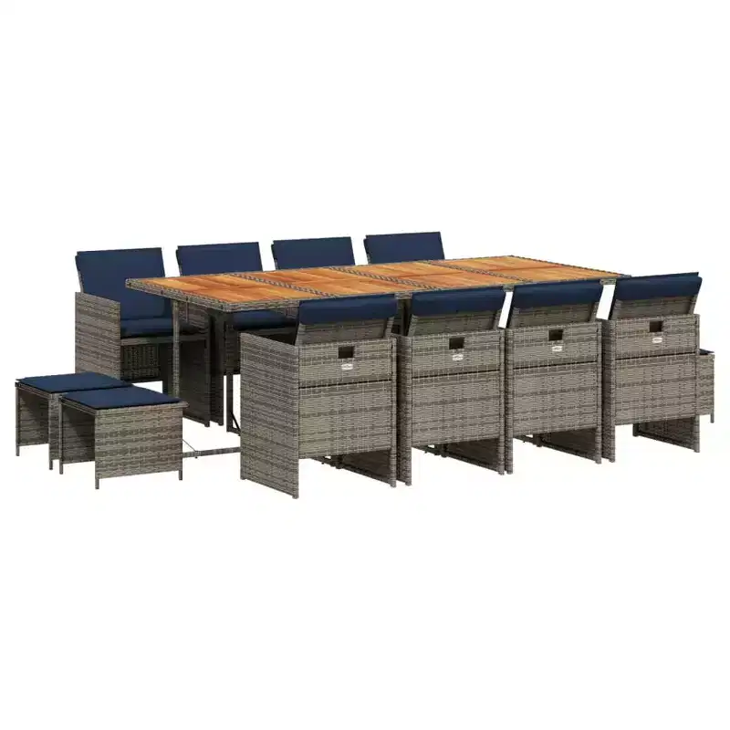 vidaXL Patio Dining Set, 12-Seater, Grey and Navy Blue, Outdoor Poly Rattan and Wood