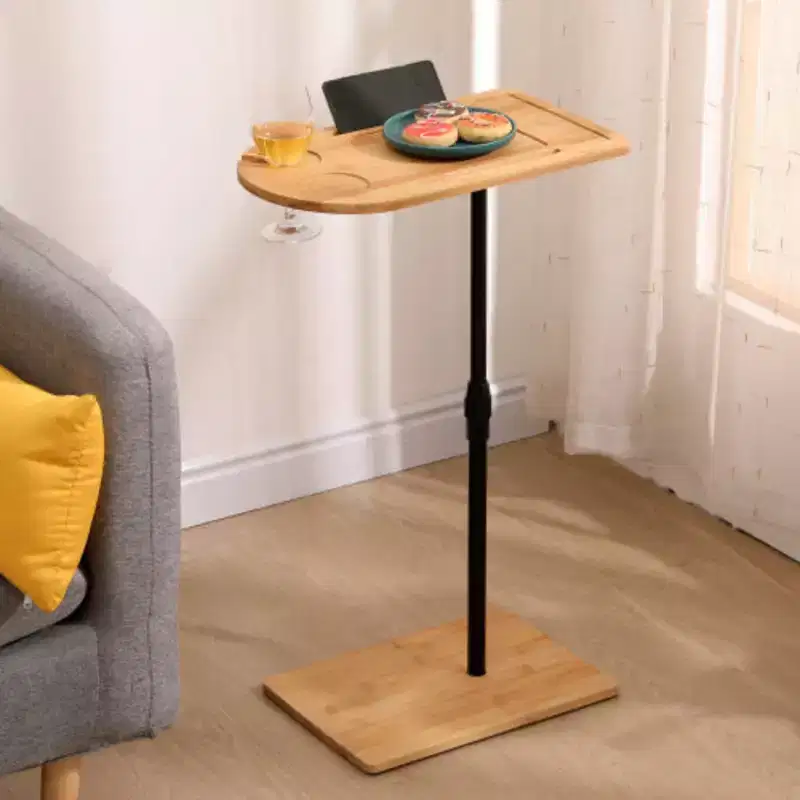 Bamboo Height Adjustable Couch Tray Table, C-Shaped Oval End Table with Slots, Side Table for Sofa, Bed & Chair in Living Room Bedroom Office