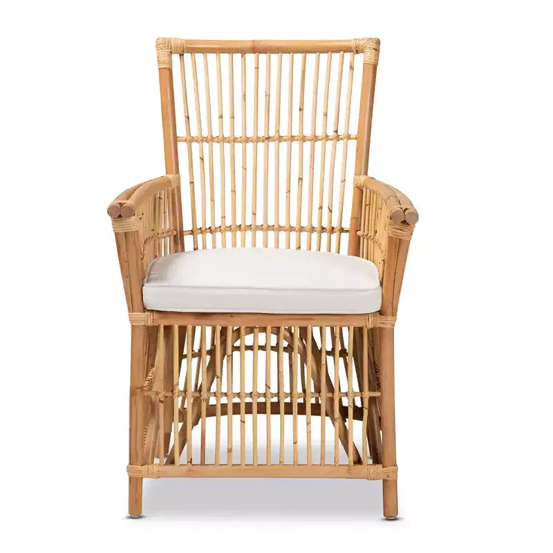 Modern Bohemian Natural Rattan Upholstered Armchair with Cushioned Seat