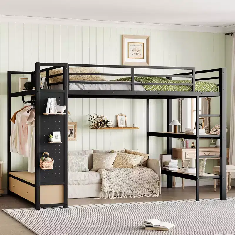 Queen size Loft Bed Frame with Wardrobe,Metal Loft Bed with Storage Shelves and Pegboard,Black