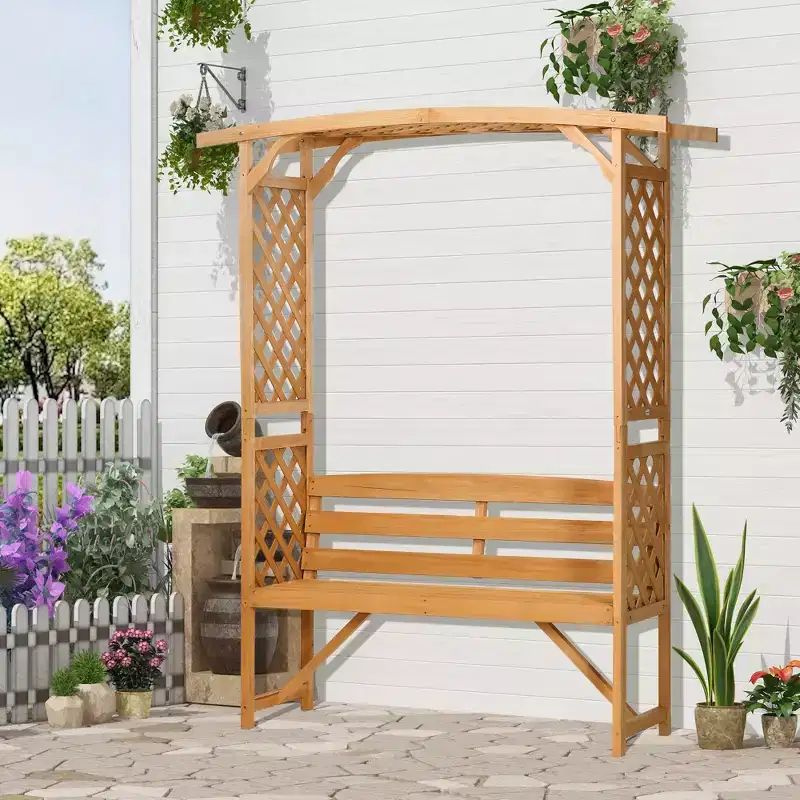 Outsunny Patio Garden Bench Arbor Arch with Pergola and 2 Trellises, 3 Seat Natural Wooden Outdoor Bench for Grape Vines & Climbing Plants