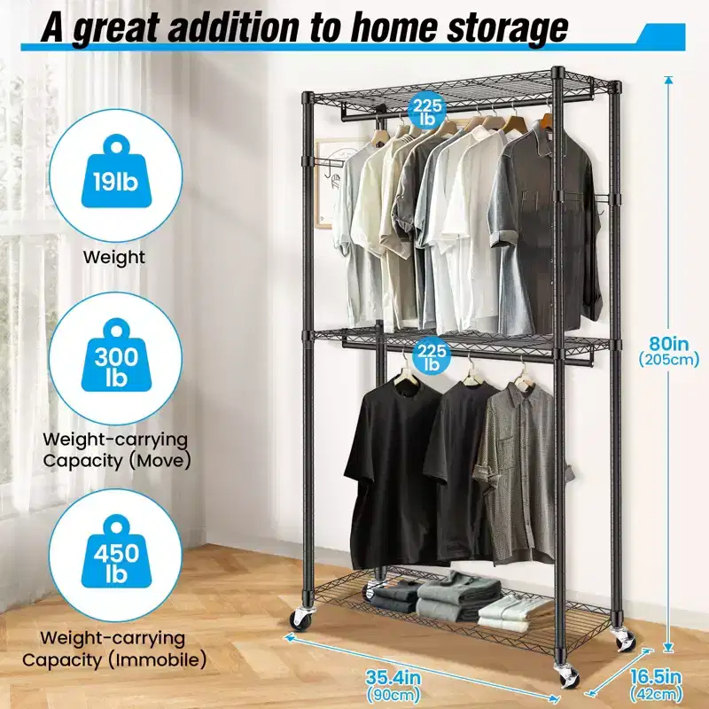 Homdox 3 Tier Heavy Duty Garment Rack with Wheels, Adjustable Double Rod Clothes Rack, Portable Closet with Hooks, 450LBS