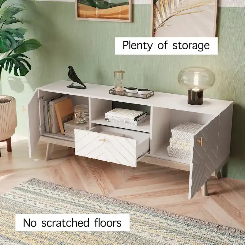 Mid-Century Modern TV Stand Console with Drawer, Beige, Fits TVs up to 65 in, Wood Legs