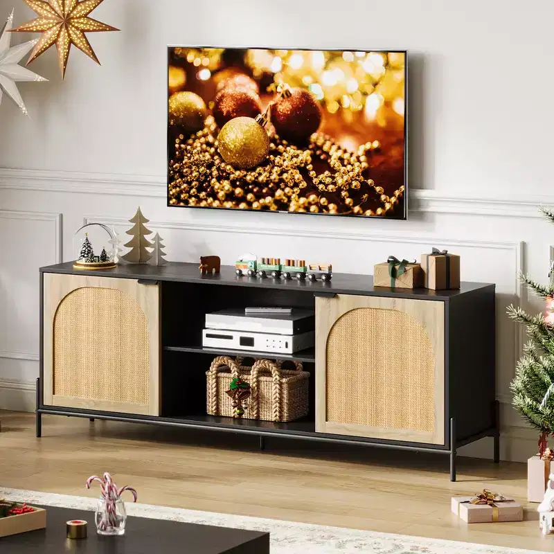 Rattan TV Stand for 75 inch TV, Entertainment Center with Storage, 65 Inch TV Console Table for Living Room, Bedroom