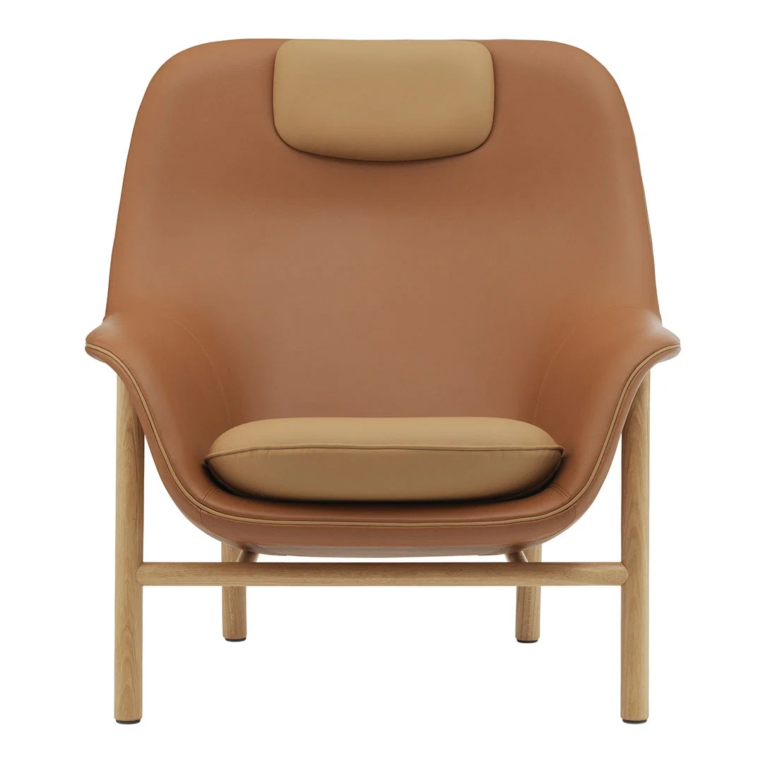 Contemporary Upholstered High-Back Lounge Chair with Draped Organic Outline & Oak Legs for Living Room