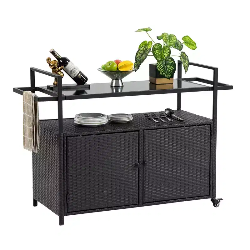NAYSAYE Bar Serving Cart Outdoor Wicker Wine and Beverage Counter with Glass Tabletop for Patio , Black, 51.18*19.69*35.43