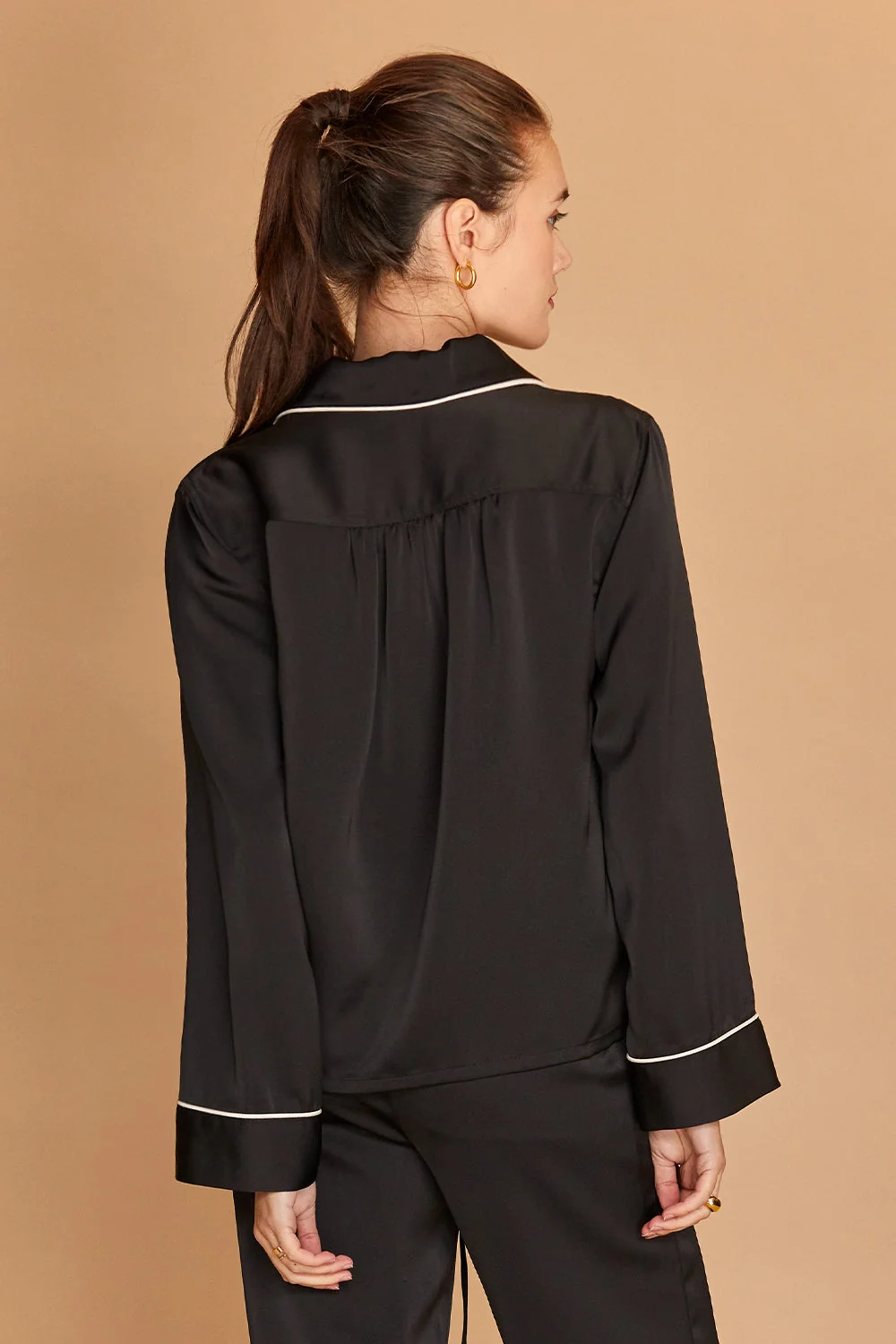 Satin Pajama Long Sleeve Top with Notched Lapel Collar
