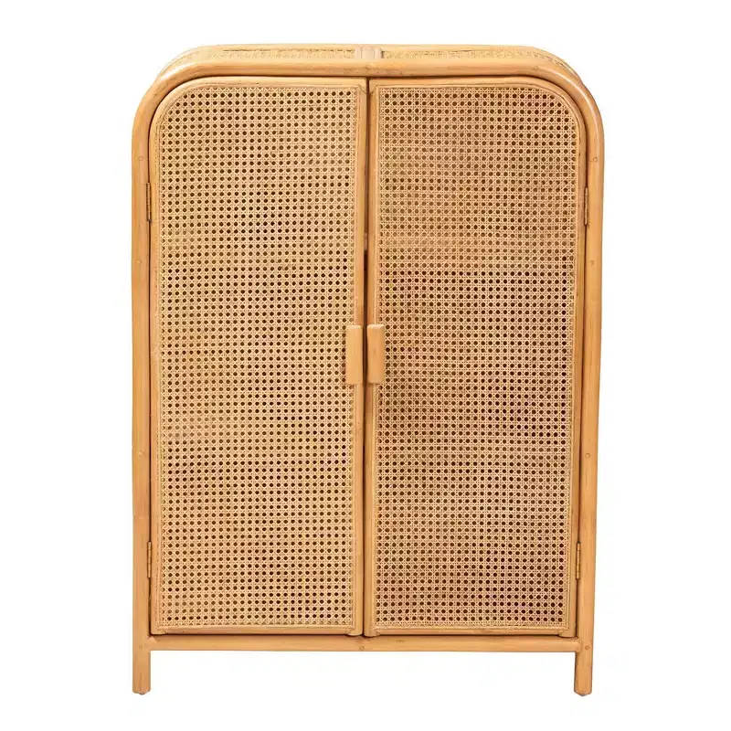 Bohemian Rattan 2-Door Storage Cabinet 3 Shelves Light Honey Plywood No Assembly