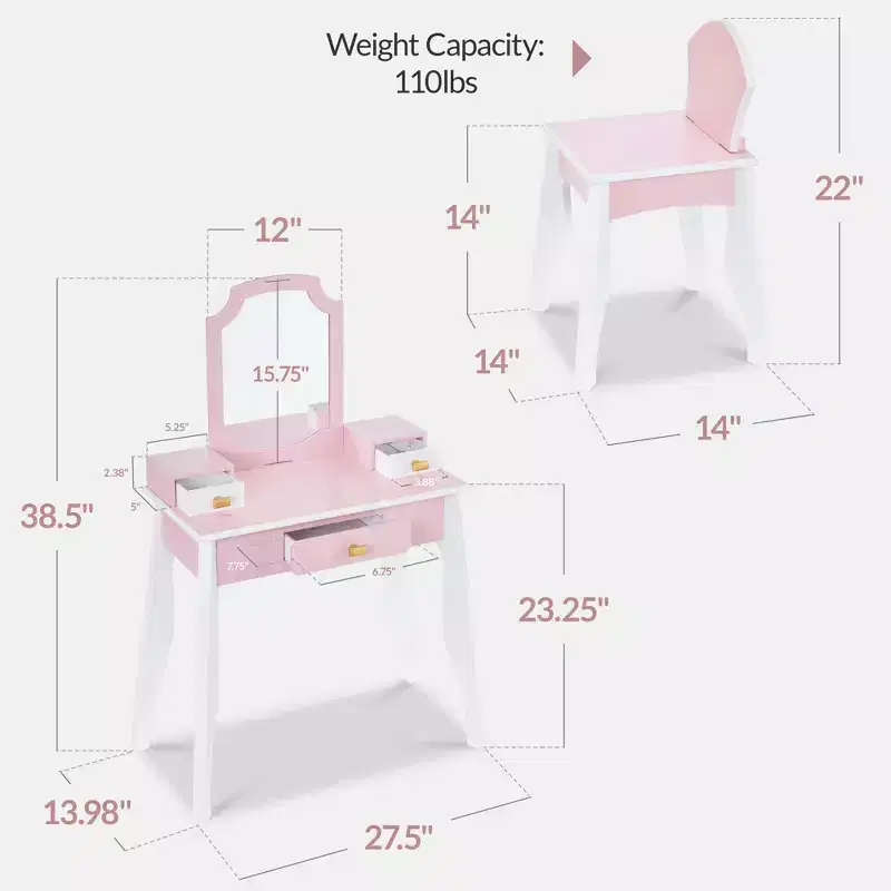 Best Choice Kids Wooden Pretend Play Vanity and Chair Set w/ Mirror  Little Girls Makeup Table with 3 Drawers