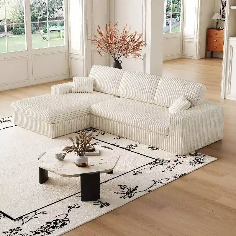 114.5 inch Modern Beige L-Shaped Corduroy Modular Foam Sofa 2-in-1 with Three Cushion Neck Pillows and Two Throw Pillows