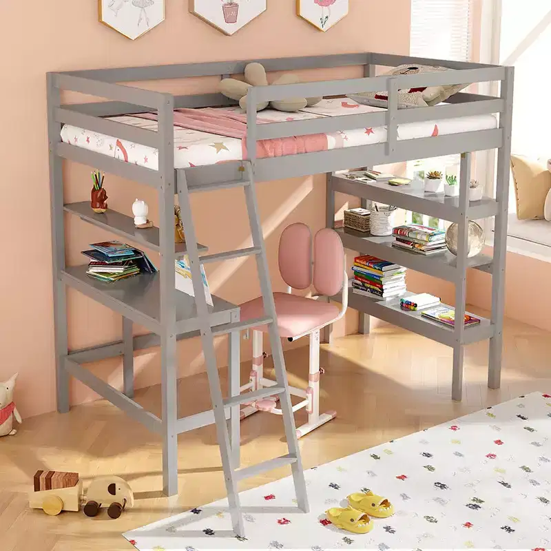 Twin Size Solid Wood Loft Bed with Desk, Bookshelves, Ladder & Guardrails