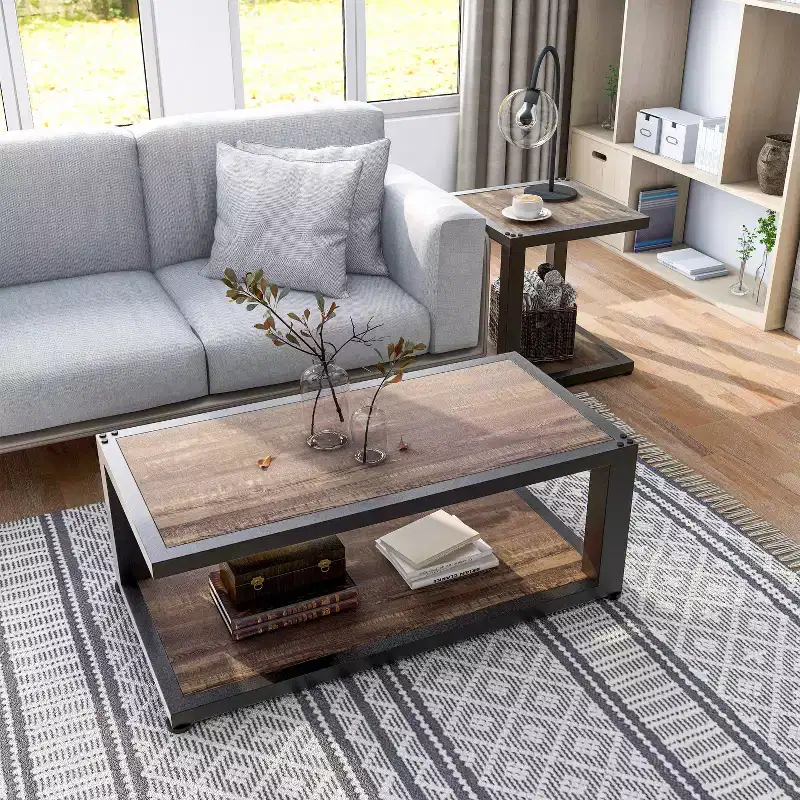 2pc Felcor Industrial Coffee and End Table Set Dark Walnut/Black - miBasics