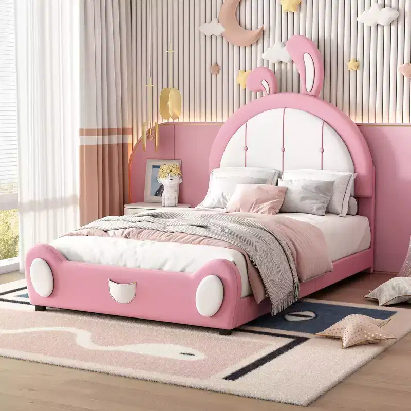 Twin Size Upholstered Platform Bed with Rabbit Shaped Headboard