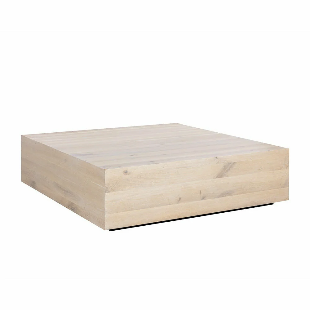 Modern Solid Oak Wood Coffee Table with Whitewash Square Top & Minimalist Frame for Living Room