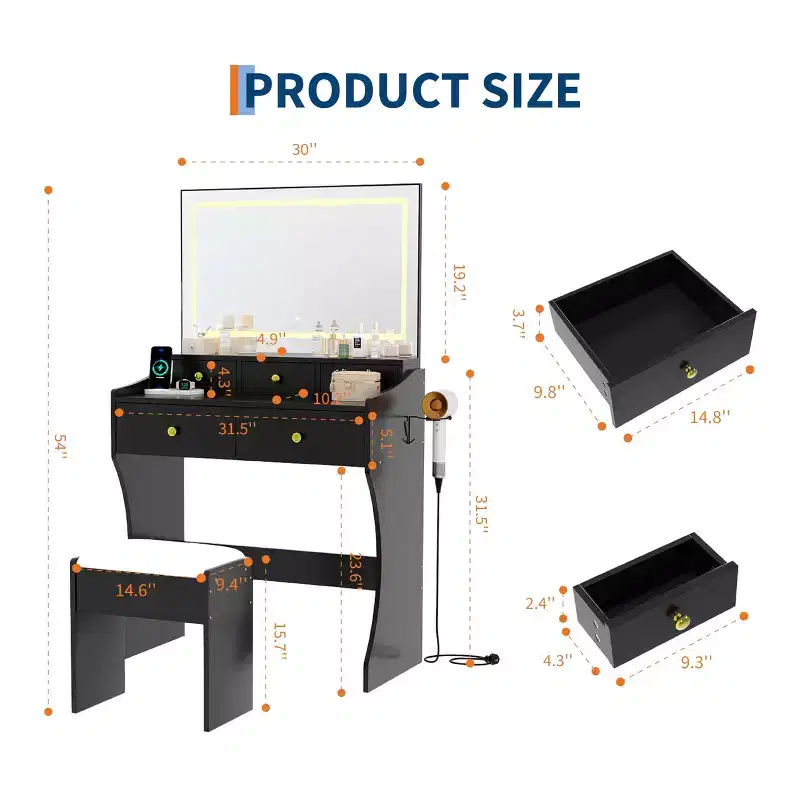 31.5-Inch Wide Vanity with Cushioned Stool - Dressing Table Featuring Power Outlet, Hair Dryer Holder & 5 Drawers