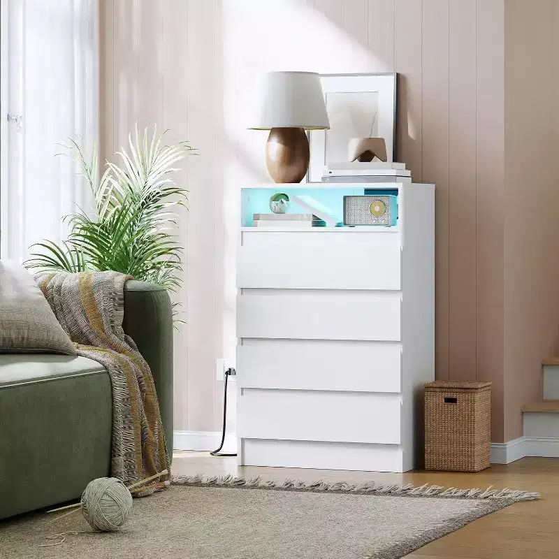 COZONY Modern 4-Drawer Dresser with Ambient Lighting, Multi-Functional Storage Cabinet with Power Access 2 pcs with 2 boxs shipping
