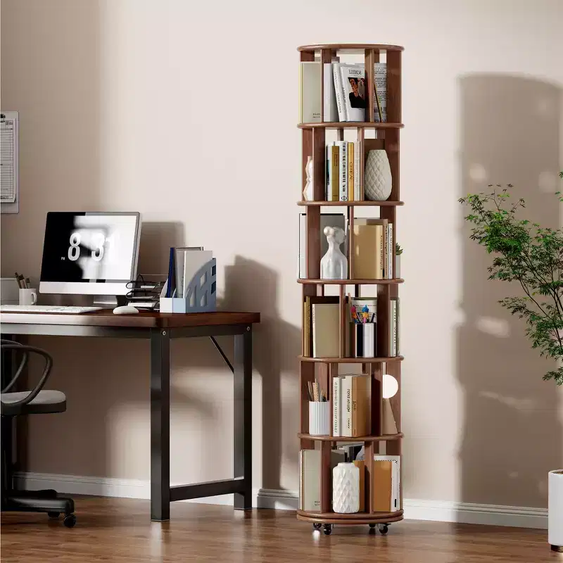 Okak 360 Rotating Bookshelf with Wheels, Solid Wood Narrow Bookcase with 6-Tier, Display Case for Living Room, Office, Bedroom, Walnut