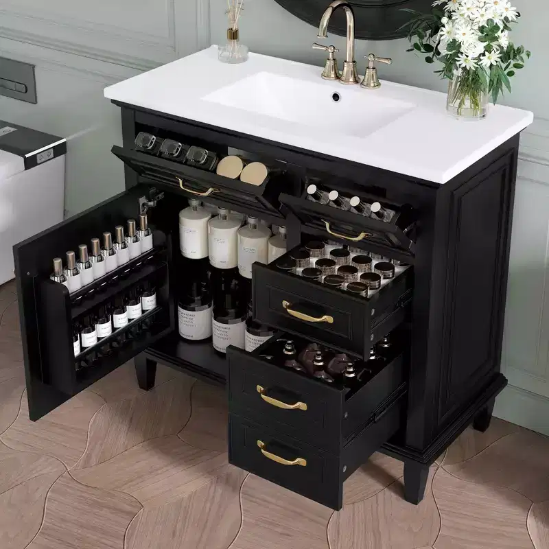 MAYEERTY 36 Bathroom Vanity Ceramic Sink Top Solid Wood MDF Poplar Cabinet Flip Drawers Adjustable Shelves Zinc Handles