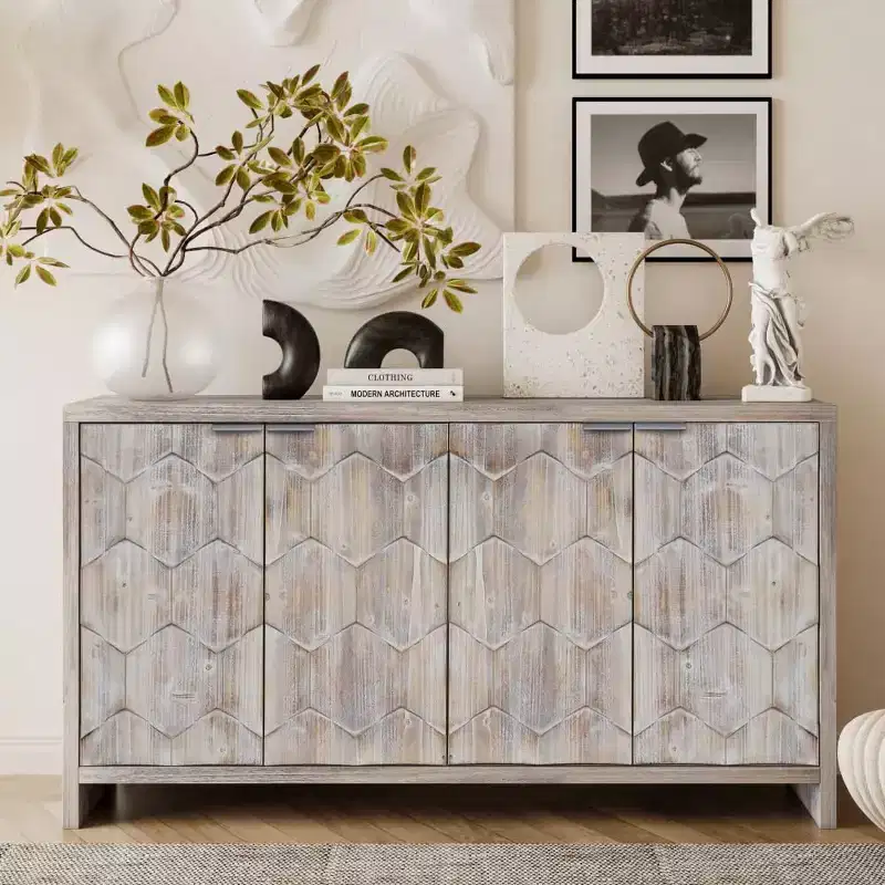 Sideboard Buffet Cabinet with Hexagonal Pattern Doors and Adjustable Shelves